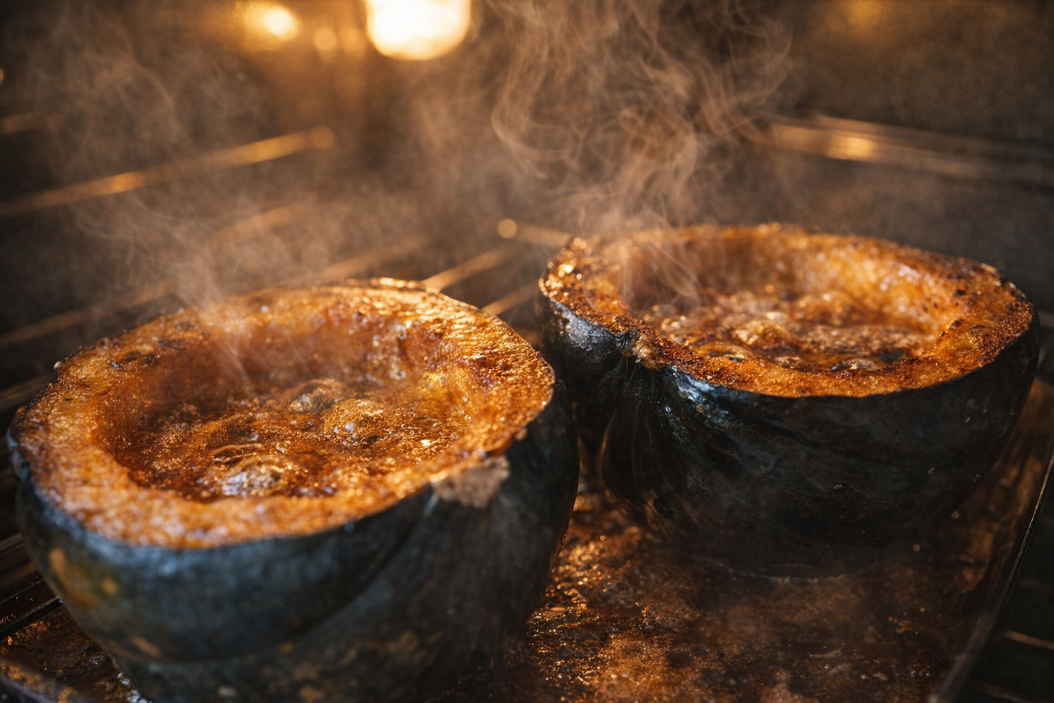 A close-up shot of acorn squash roasting in the oven, the flesh bubbling and caramelizing, steam rising. Warm, golden light inside the oven.